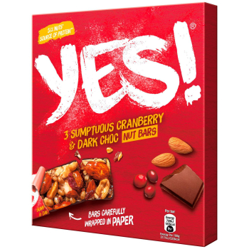 Barritas de almendras, cacahuetes con chocolate negro y arándanos YES! pack de 3 unidades de 35 g.