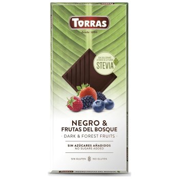 Chocolate negro con frutas del bosque y stevia Torras sin gluten y sin azúcar añadido 125 g.