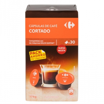 Café cortado en cápsulas Carrefour compatible con Dolce Gusto 30 unidades de 5,8 g.