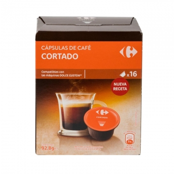 Café cortado en cápsulas Carrefour compatible con Dolce Gusto 16 unidades de 5,8 g.