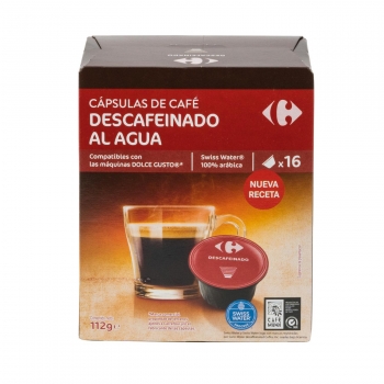 Café descafeinado al agua en cápsulas compatible con Dolce gusto Carrefour 16 unidades de 7 g.