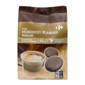 Café natural monodosis Carrefour compatible con Senseo 32 unidades de 7 g.