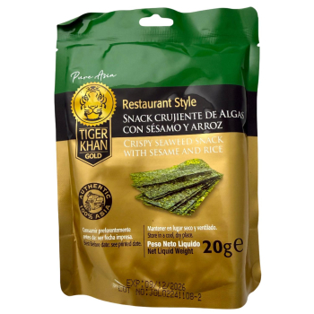 Snack de arroz con sésamo y algas Tiger Khan Gold doy pack 20 g.