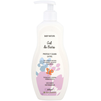 Gel de baño protege y calma la piel con extracto natural de lavanda, agucacate y caléndula Baby Natura 600 ml.