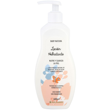 Loción hidratante nutre y suave la piel con extracto natural de aguacate, aceite de oliva y manteca de karité Baby Natura 600 ml.
