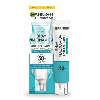 Fluido facial anti-imperfecciones FPS50+ con BHA + niacinamida Pure Active Garnier 40 ml.