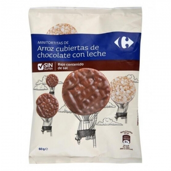 Tortitas de arroz cubiertas de chocolate con leche bajo en sal Carrefour sin gluten 60 g.