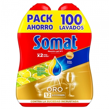 Gel para lavavajillas Oro aroma lima y limón Somat pack de 2 unidades de 50 lavados.