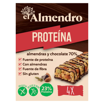 Barrita de proteínas con almendras y chocolate 70% El Almendro sin gluten pack de 4 unidades de 35 g. 4 x 35 g