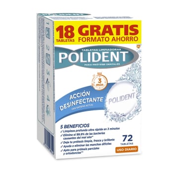 Tabletas limpiadoras para prótesis dentales acción desinfectante con oxígeno activo Polident 72 ud.