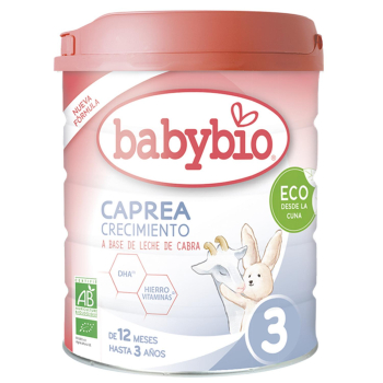 Leche infantil de crecimiento de 1 año hasta 3 años a base de leche de cabra ecológica Babybio Caprea lata 800 g.