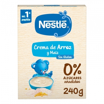Papilla infantil desde 4 meses crema de arroz y maíz Nestlé sin gluten y sin azúcar añadido 240 g. 