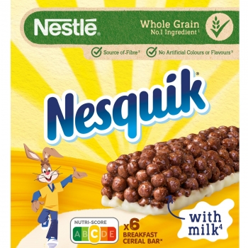 Barritas de cereales tostados con cacao y leche Nesquik Nestlé pack de 6 unidades de 25 g.