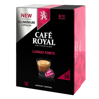 Café lungo forte en cápsulas de aluminio Royal compatible con Nespresso 36 ud.