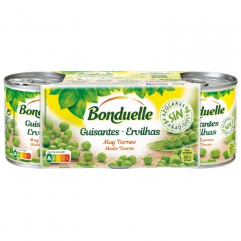 Guisantes tiernos y muy finos sin azúcar añadido Bonduelle pack de 3 unidades de 140 g.