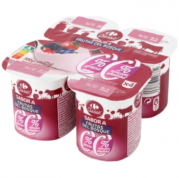 Yogur desnatado de frutas del bosque sin azúcar añadido Carrefour Classic' pack de 4 unidades de 125 g.