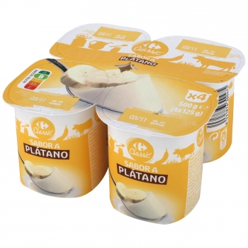 Yogur sabor plátano Carrefour Classic' pack de 4 unidades de 125 g.