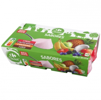 Yogur de fresa, de frutos del bosque, de macedonia y de coco Carrefour Classic' pack de 8 unidades de 125 g.
