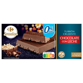 Turrón de chocolate con leche crujiente Carrefour Sensation sin gluten y sin azúcar añadido 200 g.