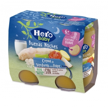 Tarrito de crema de verduras con rape desde 8 meses buenas noches Hero Baby sin aceite de palma pack de 2 unidades de 190 g.