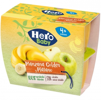 Tarrina de manzana golden y plátano 4 meses Hero Baby sin gluten pack 4 unidades 100 g.