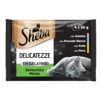 Comida húmeda selección mixta en gelatina para gatos Sheba Delicatezze pack de 4 unidades de 85 g. 4 x 85 g