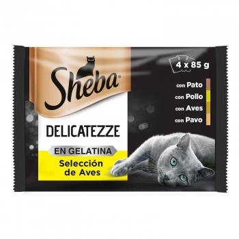 Comida húmeda selección de aves en gelatina para gatos Sheba Delicatezze pack de 4 unidades de 85 g.
