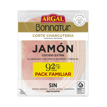 Jamón cocido extra en lonchas enteras Argal Bonnatur sin gluten y sin lactosa 200 g.