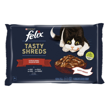 Comida húmeda bocaditos en salsa para gatos festín de sabores Purina Felix Tasty Shreds 4x80 g.