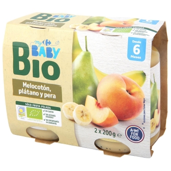 Tarrito de Melocotón con Platano y Pera Ecológico Carrefour Baby Bio desde 6 meses pack de 2 unidades de 200 g.