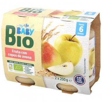Tarrito de frutas con copos de avena Ecologico Carrefour Baby Bio desde 6 meses pack de 2 unidades de 200 g.