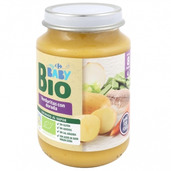 Tarrito de verduritas con dorada desde 8 meses ecológico Carrefour Baby Bio sin gluten 200 g.