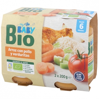 Tarrito de arroz con pollo y verduritas desde 6 meses ecológico Carrefour Baby Bio pack de 2 unidades de 200 g