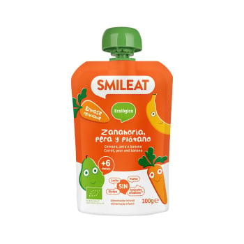 Bolsita de zanahoria, pera y plátano desde 6 meses ecológico Smileat sin gluten y sin azúcar añadido 100 g.