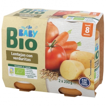 Tarrito de lentejas con verduritas desde 8 meses ecológico Carrefour Baby Bio pack de 2 unidades de 200 g