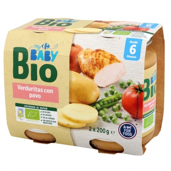 Tarrito de verduritas con pavo desde 6 meses ecológico Carrefour Baby Bio pack de 2 unidades de 200 g