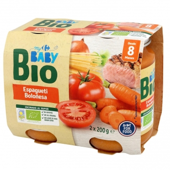Tarrito de espagueti boloñesa desde 8 meses ecológico Carrefour Baby Bio pack de 2 unidades de 200 g