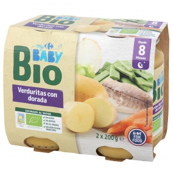 Tarrito de verduritas con dorada desde 8 meses ecológico Carrefour Baby Bio sin gluten pack de 2 unidades de 200 g.