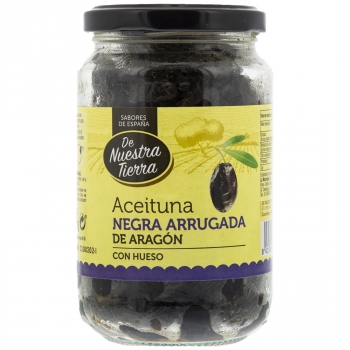Aceituna negra arrugada de Aragón con hueso De Nuestra Tierra 220 g.