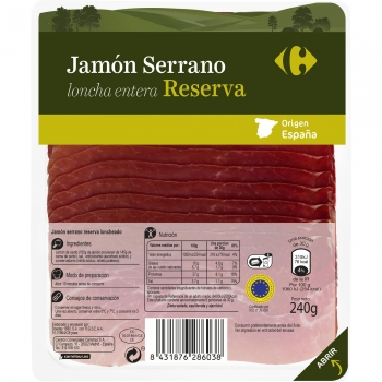 Jamón serrano reserva en lonchas entera Carrefour sin lactosa 240 g.