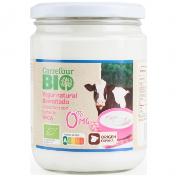 Yogur natural desnatado con leche de vaca pasteurizada ecológica Carrefour Bio 420 g.