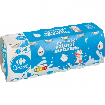 Yogur líquido natural azucarado Carrefour Classic' pack de 12 unidades de 100 g.