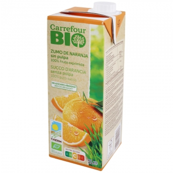 Zumo de naranja Carrefour ecológico exprimido sin pulpa brik 1 l.