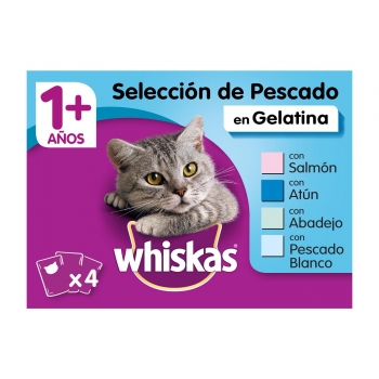 Comida húmeda selección pescados en gelatina para gatos Whiskas pack de 4 unidades de 100 g.