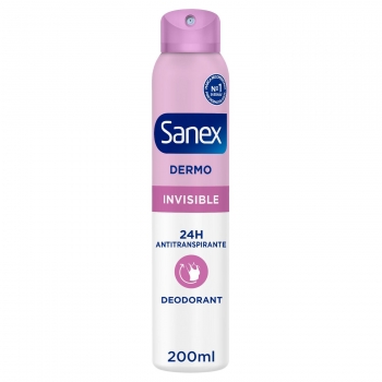 Desodorante en spray dermo invisible protección 24h antitranspirante Sanex 200 ml.