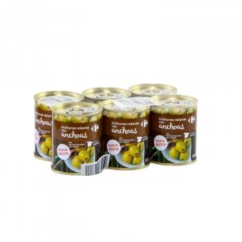 Aceitunas verdes rellenas de anchoa nueva receta Carrefour pack de 6 latas de 50 g