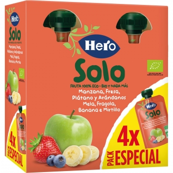 Bolsita de manzana, fresa, plátano y arándanos ecológica Hero Solo sin gluten pack de 4 unidades de 100 g.