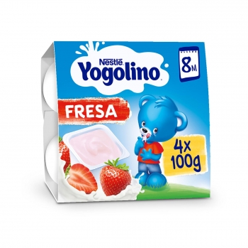 Postre lácteo de fresa desde 8 meses Nestlé Yologino sin gluten pack de 4 unidades de 100 g.