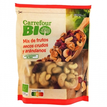 Mix de frutos secos crudos y arándanos ecológico Carrefour Bio doy pack 125 g.