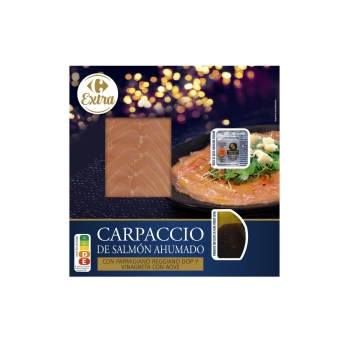 Carpaccio de salmón ahumado con Parmigiano Reggiano DOP y vinagreta con aceite de oliva virgen extra Carrefour Extra 124 g.